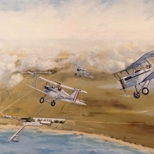 Oil painting of Tiger Moth biplanes flying above RAAF Air Base Point Cook