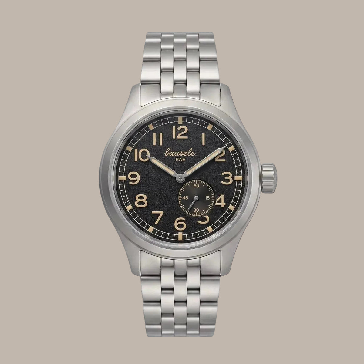 Silver watch with black dial on a white background