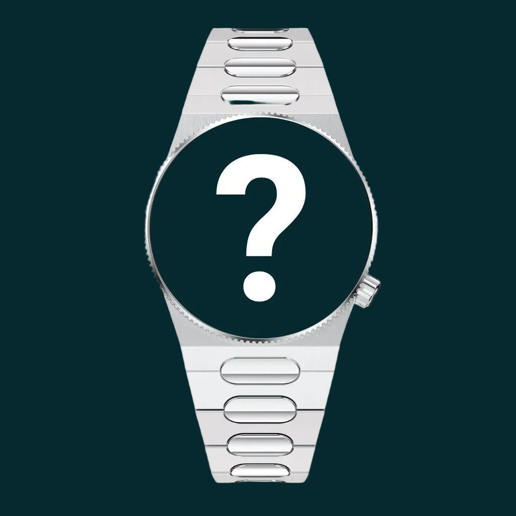 A silver-tone metal watch with a round dark green dial featuring a large white question mark, shown on a plain white background.