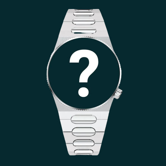 A silver-tone metal watch with a round dark green dial featuring a large white question mark, shown on a plain white background.