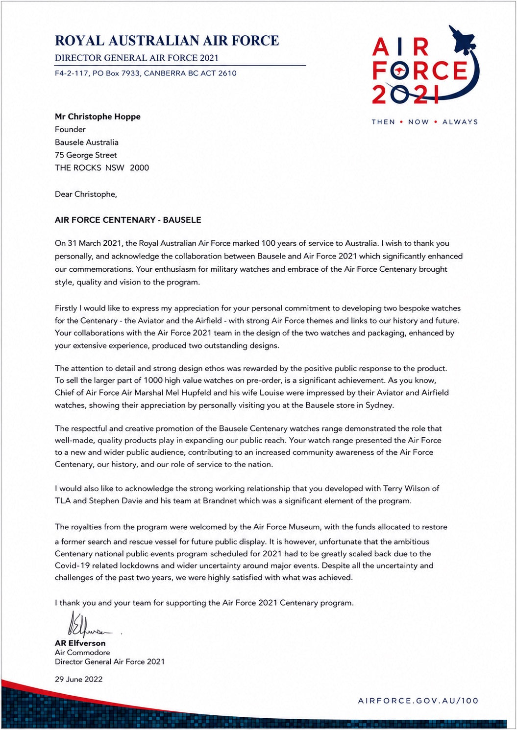 Letter from Air Commodore AR Elfverson, Director General Royal Australian Air Force 2021, acknowledging Bausele's RAAF Centenary watch partnership